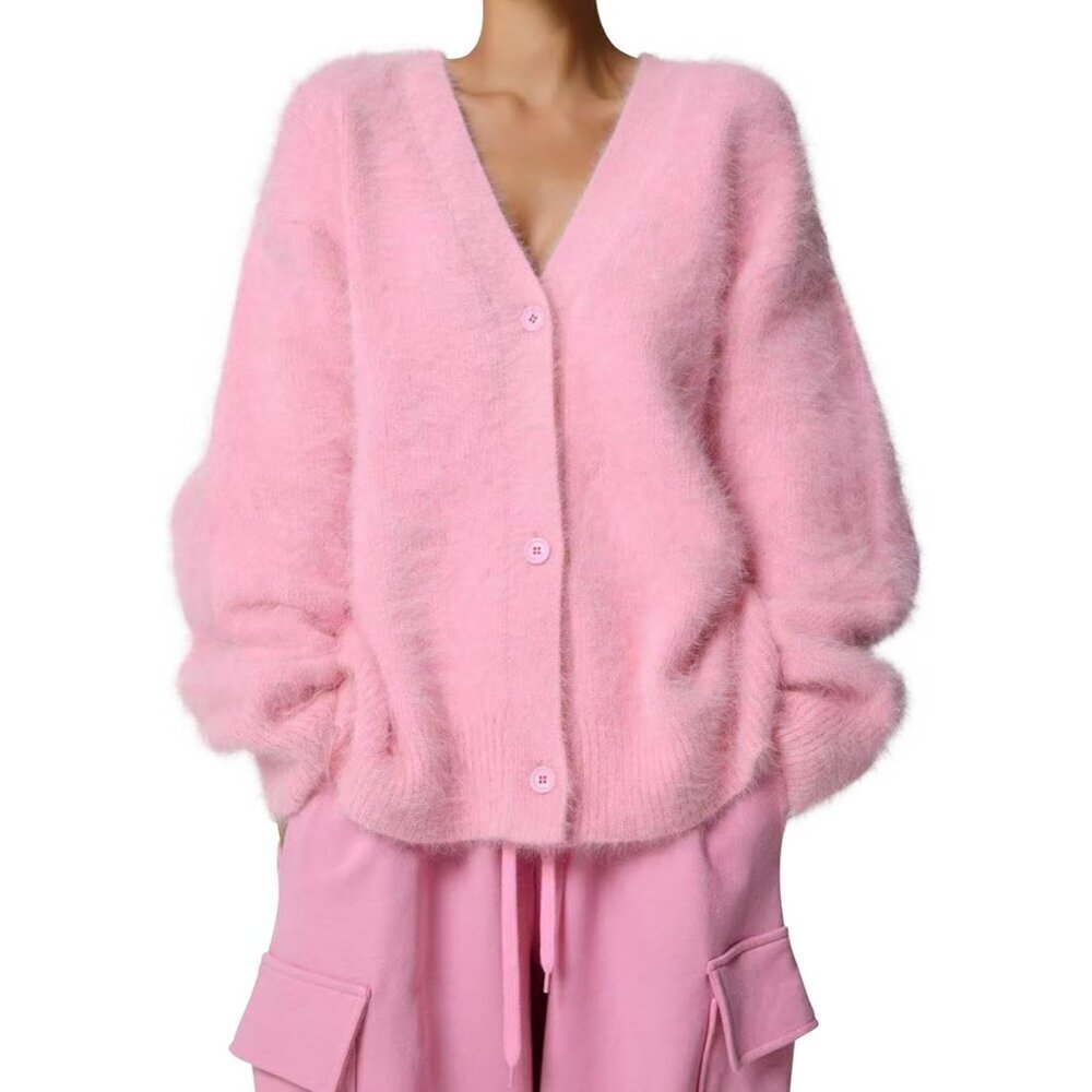 Women’s Nylon Fuzzy Mohair Cardigan Large Open Front V Neck Cozy Sweater